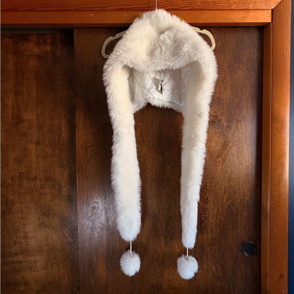 Cozy White Faux Fur adult hood/Hat with Pom Poms